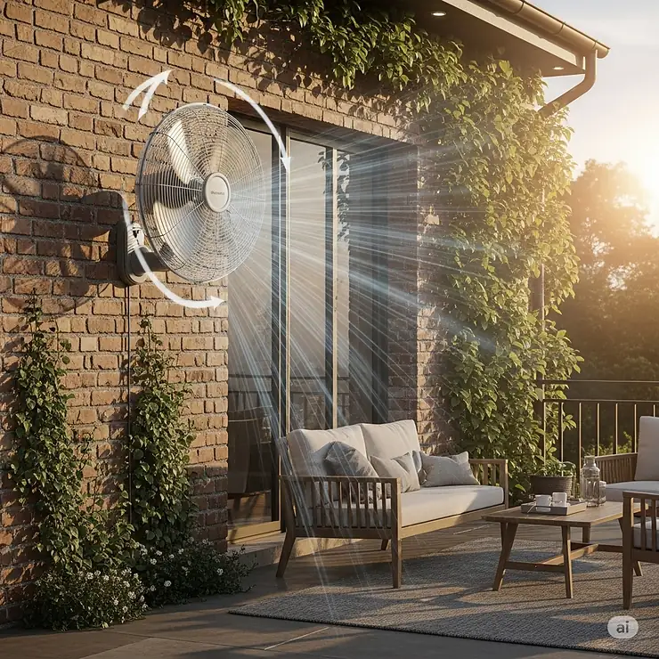 Outdoor patio wall mount oscillating fan in motion, demonstrating its wide airflow range for optimal cooling.