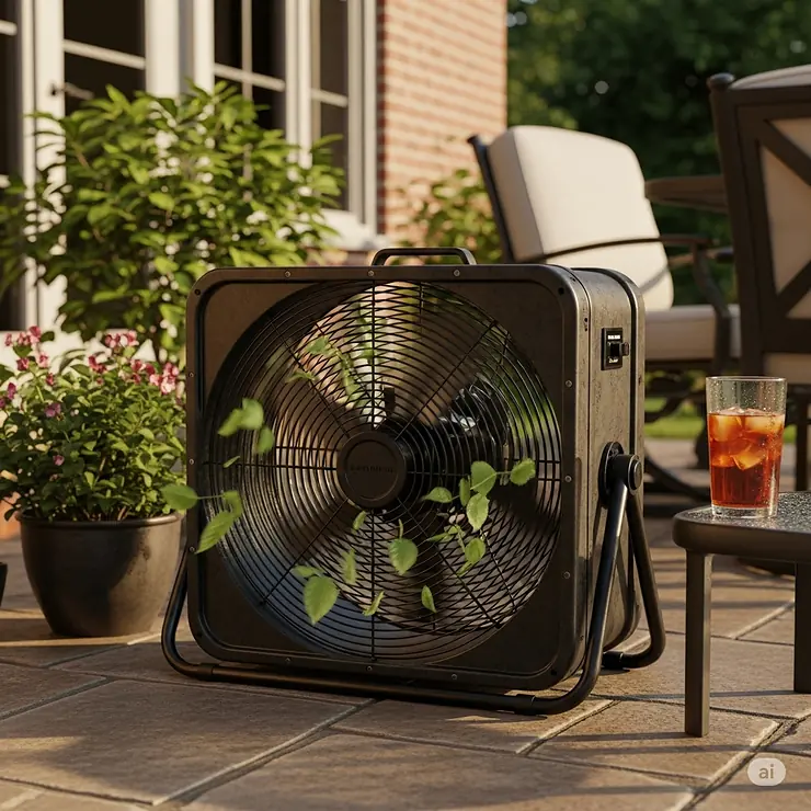 A powerful, weatherproof outdoor box fan providing a cooling breeze on a patio.