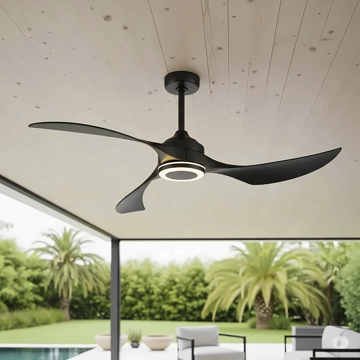 A sleek, modern-style low profile outdoor ceiling fan with curved blades, emphasizing its aerodynamic design and minimalist aesthetic.