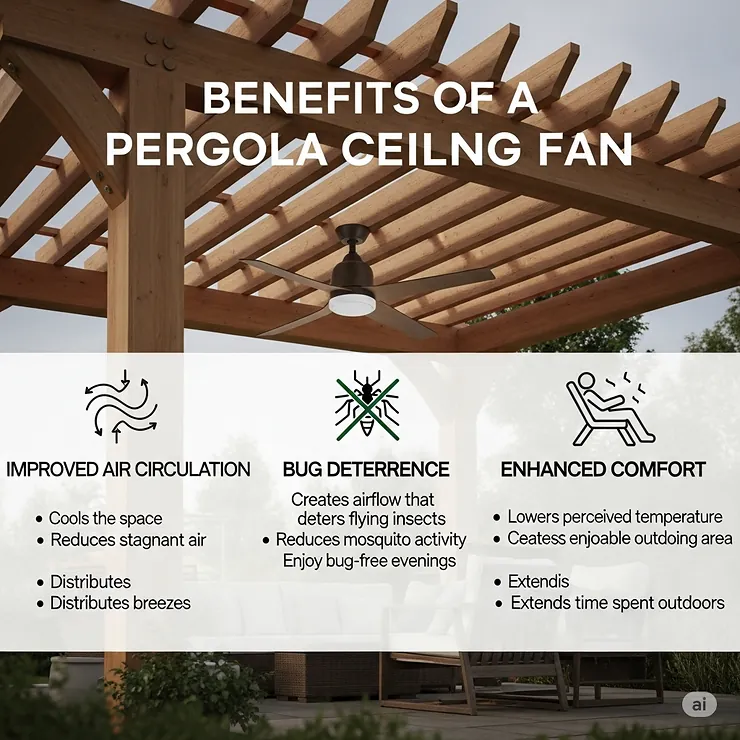 An infographic detailing the key benefits of adding a ceiling fan to a pergola, including improved air circulation, bug deterrence, and enhanced comfort.