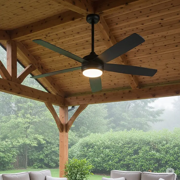 Image of a damp-rated ceiling fan suitable for a covered pergola, protected from direct water but still in a humid environment.
