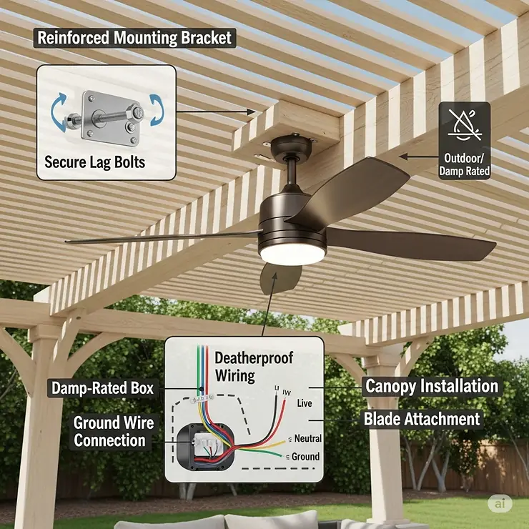 Illustration showing the proper installation of an outdoor ceiling fan under a pergola, highlighting wiring and secure mounting.