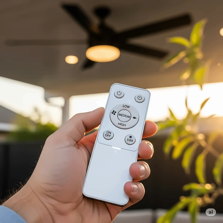 A hand holding a remote control for an outdoor ceiling fan, highlighting the convenience of adjusting fan speed and light settings from a distance.