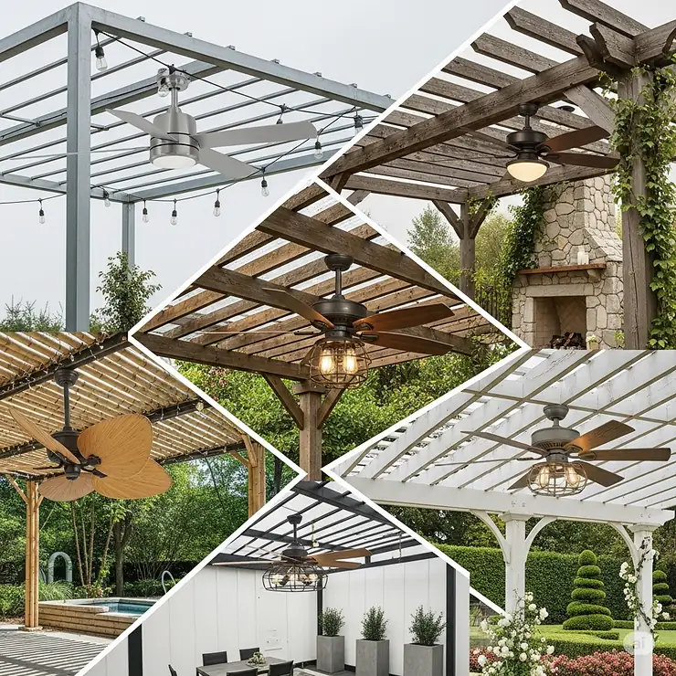 A collage of various outdoor ceiling fan styles, from modern to rustic, demonstrating design options for any pergola aesthetic.