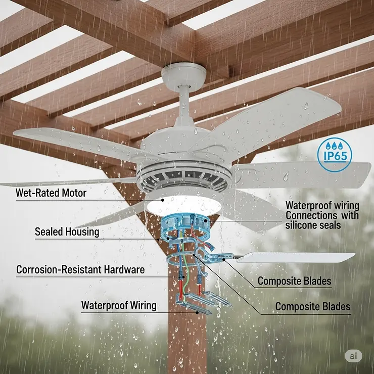 Diagram illustrating a wet-rated outdoor ceiling fan designed specifically for pergolas exposed to direct rain and moisture.