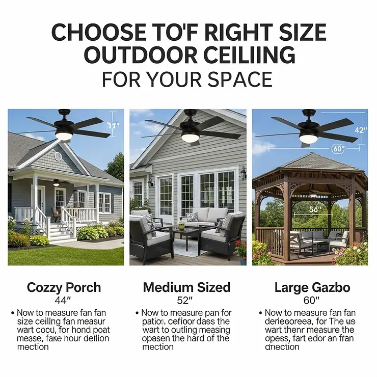 A comprehensive guide to choosing the right size outdoor ceiling fan for your space, showing different fan sizes in various outdoor settings like a patio, porch, and gazebo.