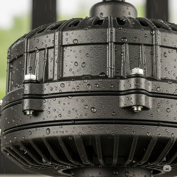 Close-up of the waterproof motor housing of a wet-rated outdoor ceiling fan, showing its sealed construction.
