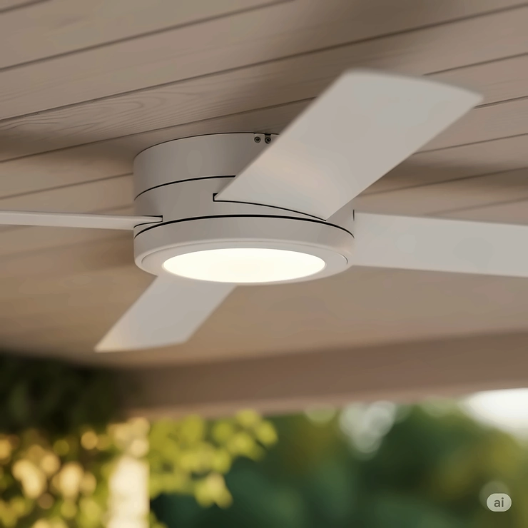 A close-up of a white low profile outdoor ceiling fan with light, perfect for a cozy patio setting, enhancing comfort without obstructing views.