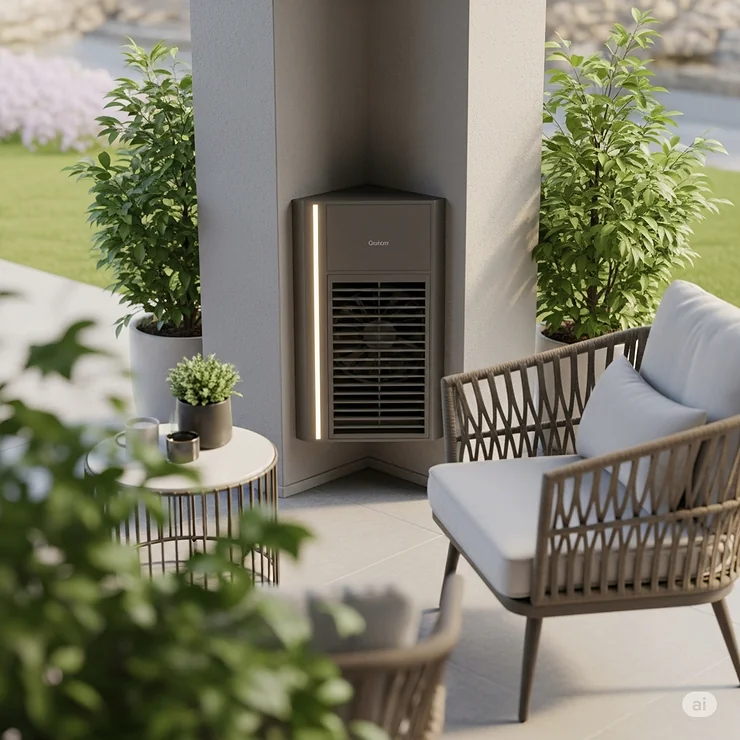 An alternative view of the sleek outdoor corner fan, highlighting its compact design that fits neatly into any corner.