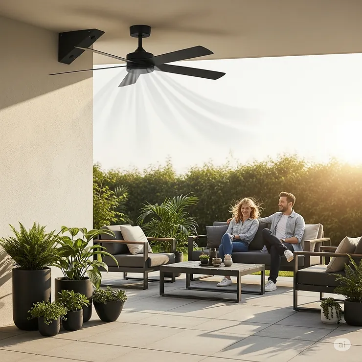 A stylish black outdoor corner fan, mounted in the corner of a modern patio, providing a cool breeze for people enjoying the outdoors.