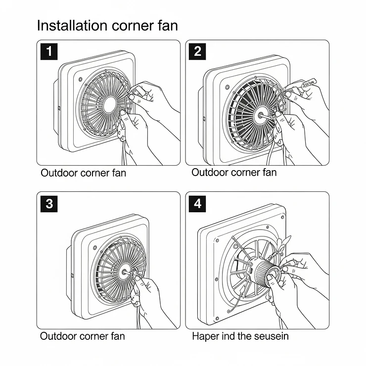 Step-by-step diagram showing the easy installation of the outdoor corner fan on a wall or ceiling corner.