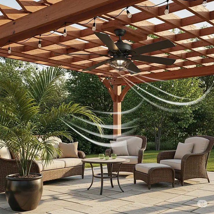 This image shows a stylish outdoor deck fan providing a cool breeze on a patio, creating a comfortable and relaxing atmosphere.