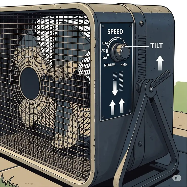 An illustration showing the adjustable speed and tilt settings on an outdoor box fan.