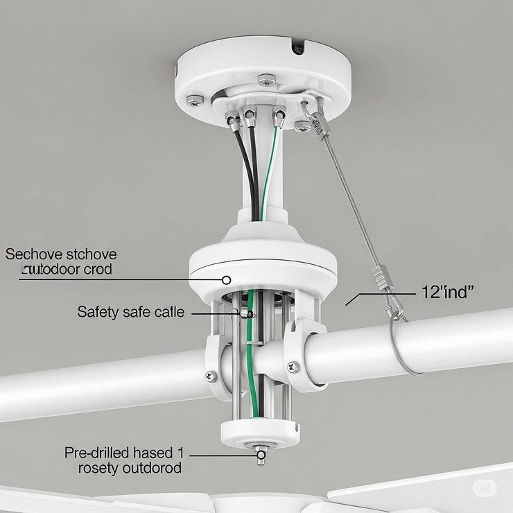 A detailed illustration showing the downrod and secure mounting hardware for a white outdoor ceiling fan, ensuring safe and stable installation.