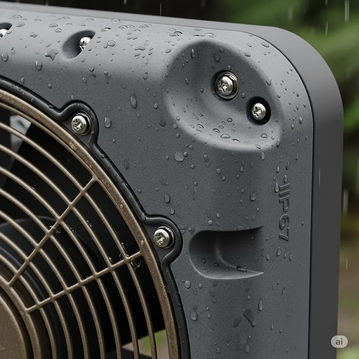 Detailed view of the waterproof housing and corrosion-resistant materials used in the construction of the fan, emphasizing its durability for outdoor use.
