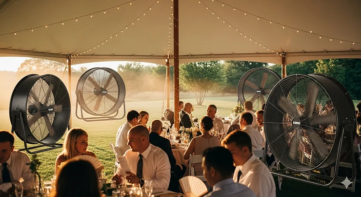 Multiple 30-inch fans set up to provide air circulation and comfort for guests at an outdoor event or wedding.