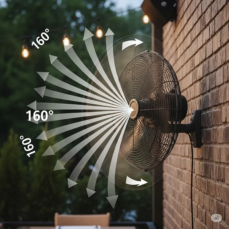 A dynamic shot demonstrating the oscillation feature of the outdoor wall fan, with arrows showing the wide range of motion that circulates air throughout a large area.