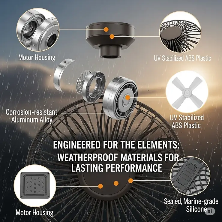 A graphic showcasing the weatherproof materials used in a high-quality outdoor fan.