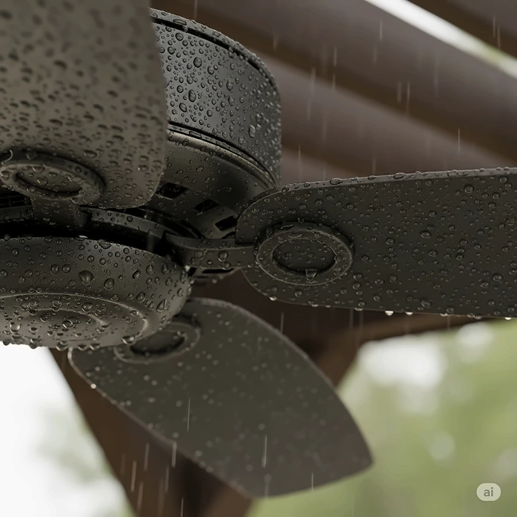 A close-up of a wet-rated outdoor ceiling fan, highlighting its durable, moisture-resistant blades and housing for use in all weather conditions.