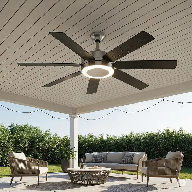 A photo of a wet-rated outdoor ceiling fan with an integrated LED light kit, perfect for illuminating outdoor living spaces.