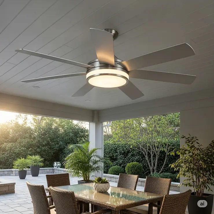 A stainless steel outdoor ceiling fan equipped with an integrated light fixture, offering both air circulation and illumination.
