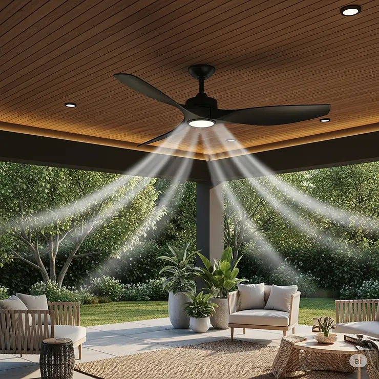 A sleek, black outdoor oscillating ceiling fan installed on a covered patio, providing a cool breeze during a warm summer evening.