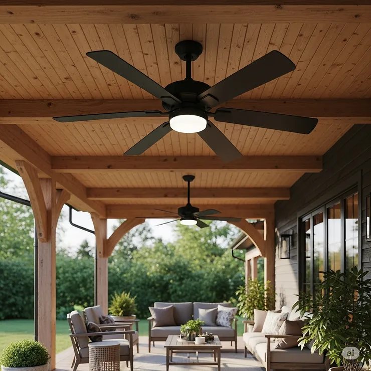 An elegant black outdoor ceiling fan with five blades, mounted on a covered porch, creating a comfortable and breezy outdoor living space. screen porch ceiling fans