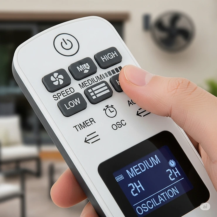 Close-up shot of the remote control for an outdoor wall fan, showing buttons for speed, timer, and oscillation.