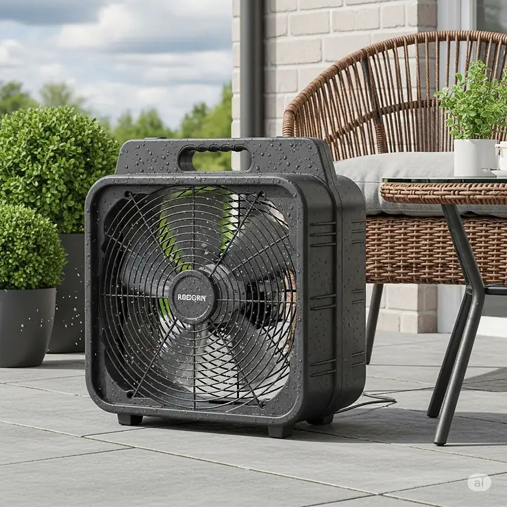 A water-resistant box fan designed for use on a patio.