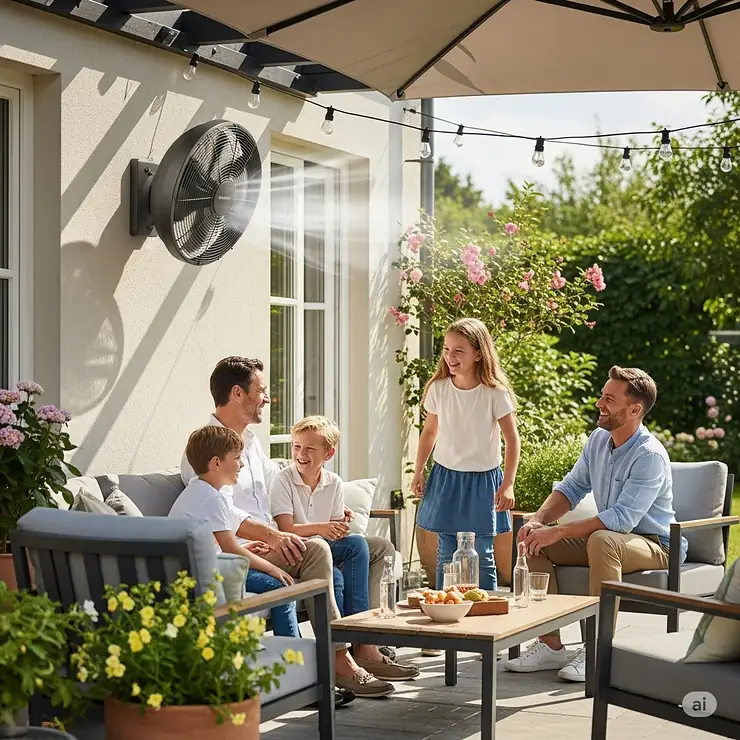 A lifestyle photo of a family enjoying a cool patio, with the waterproof outdoor wall fan visibly providing a comfortable breeze, showcasing its effectiveness as a cooling solution.