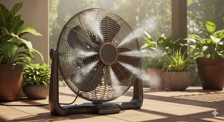 A 30-inch outdoor fan with an integrated misting feature, creating a refreshing fine mist to enhance cooling on a hot day.