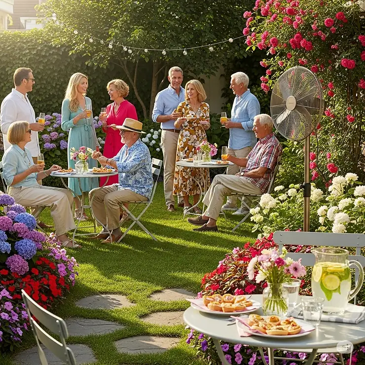 Several guests enjoying a summer garden party, with an outdoor pedestal fan in the background keeping the air cool and comfortable.