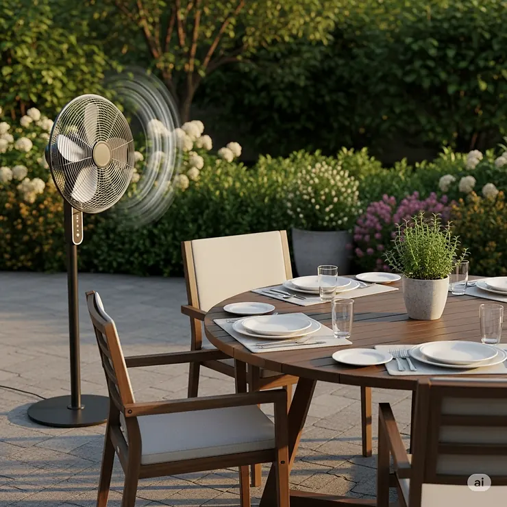 A quiet pedestal fan outdoor positioned near a dining table, creating a comfortable environment for al fresco meals.