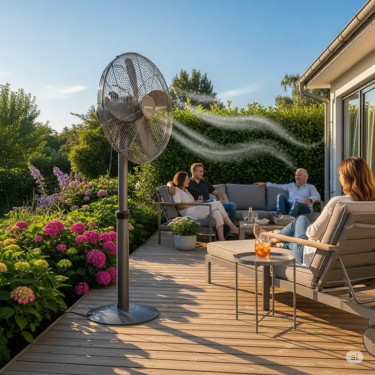 A powerful, weather-resistant outdoor pedestal fan on a patio, providing a refreshing breeze for people relaxing in the garden.