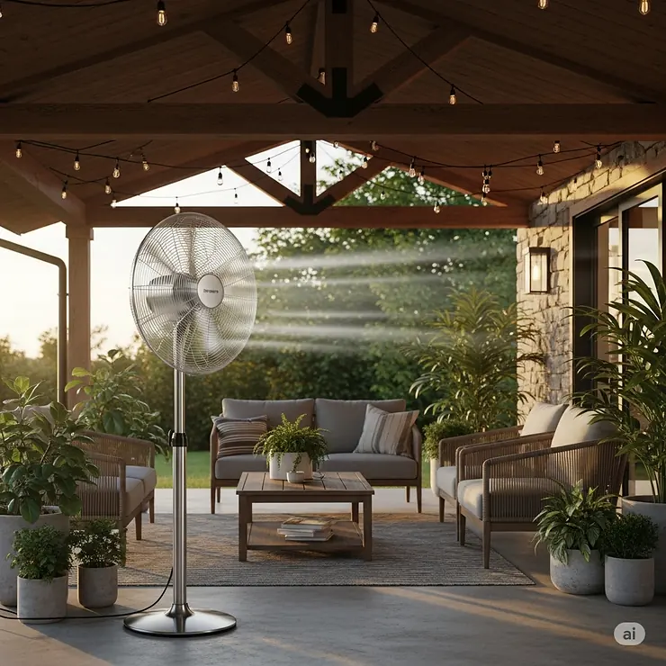A tall pedestal fan outdoor effectively cooling a covered patio, demonstrating its use in semi-enclosed spaces.