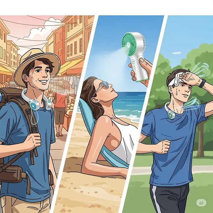 A lifestyle illustration of someone using a personal cooling device while traveling, at the beach, or during a workout to stay comfortable in warm weather.