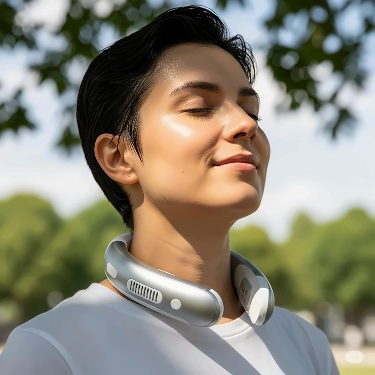 A person comfortably using a compact, hands-free personal cooling device around their neck on a hot summer day.