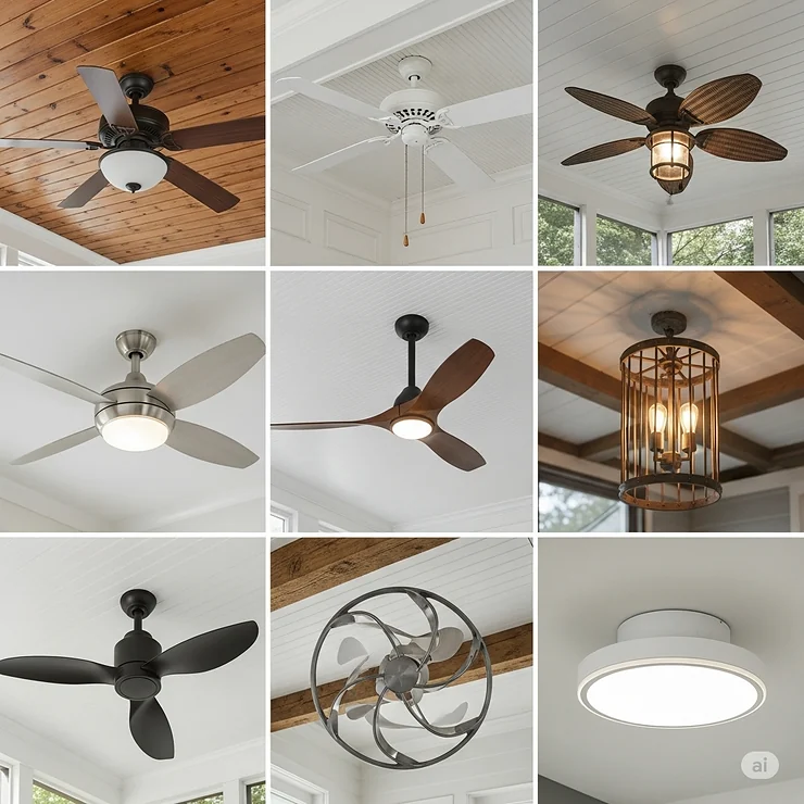 A collage of different screen porch ceiling fan styles, from traditional to contemporary, helping homeowners choose the best fit for their aesthetic.