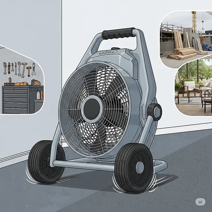 An illustration highlighting the key feature of portability, showing a drum fan with a sturdy handle and durable wheels for easy transport and positioning in different locations.