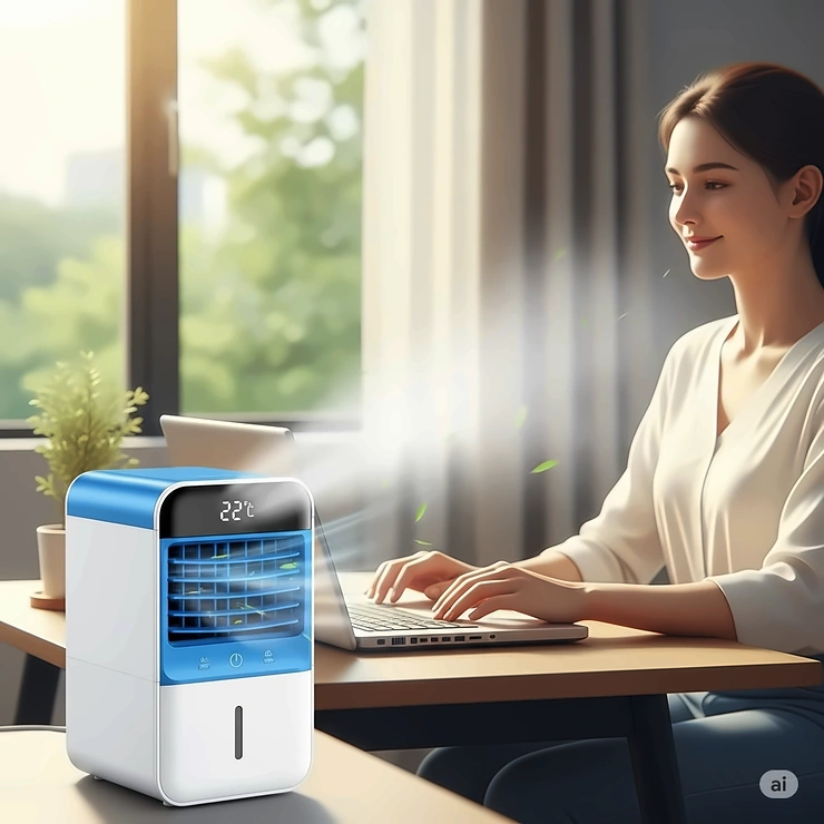 An illustration of a personal air conditioner or evaporative cooler, showing its compact size and ability to cool a small personal space.