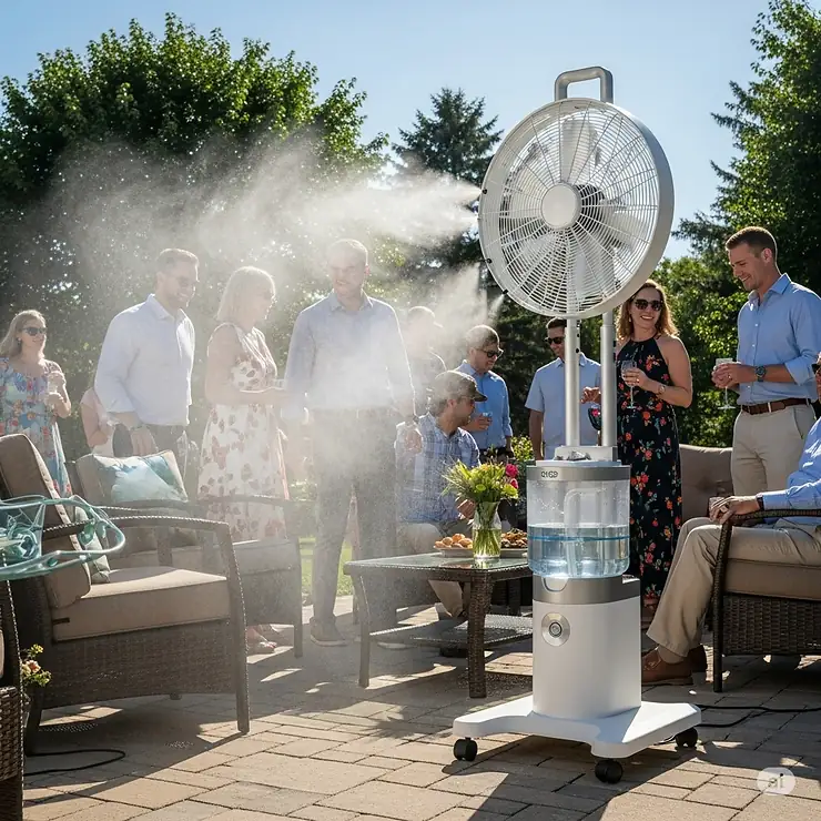 A portable misting fan creating a refreshing fine mist for guests at an outdoor gathering.
