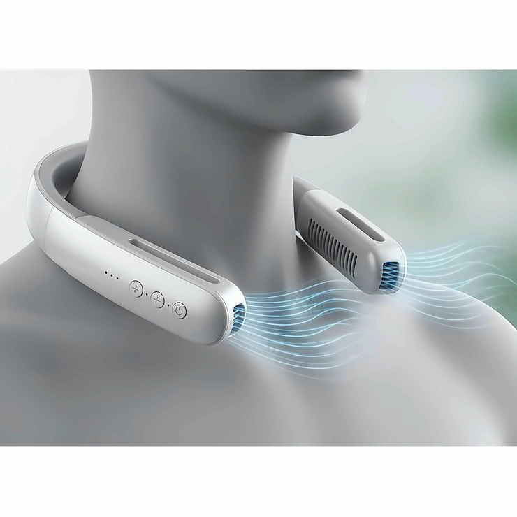 A close-up illustration of a wearable neck fan, highlighting its bladeless design and adjustable airflow for personal cooling.