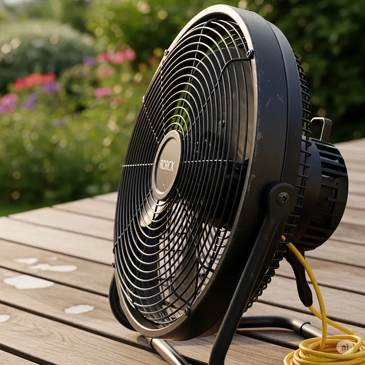 A close-up of a portable, high-velocity outdoor fan on a wooden deck.