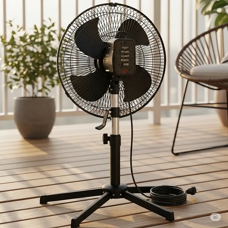 A portable, adjustable outdoor pedestal fan with a tripod base, perfect for cooling a small deck or balcony.