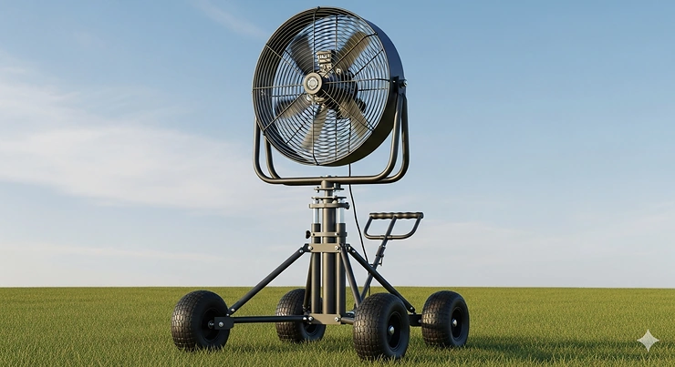 A portable stand fan with a 30-inch head, featuring sturdy wheels and an adjustable height for use in various outdoor locations.