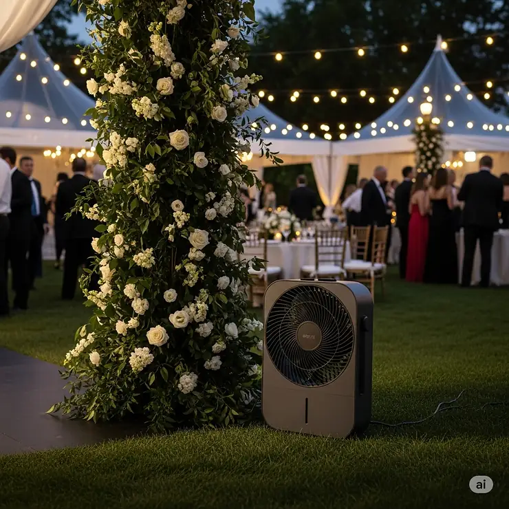 A quiet-operating cooling fan placed discreetly at a formal outdoor event, minimizing noise disruption.