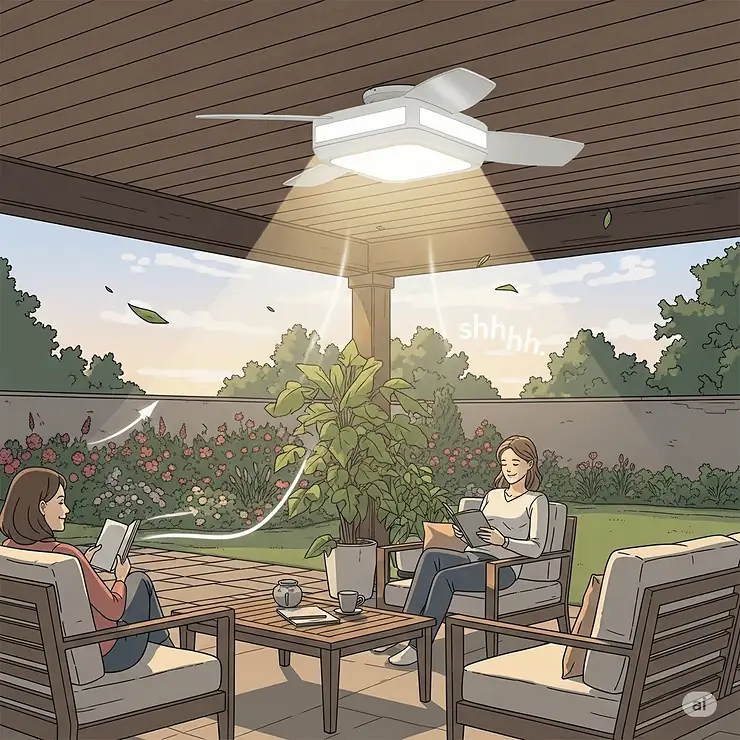 An illustration emphasizing the quiet operation of a low profile outdoor ceiling fan with light, ensuring a peaceful outdoor environment.