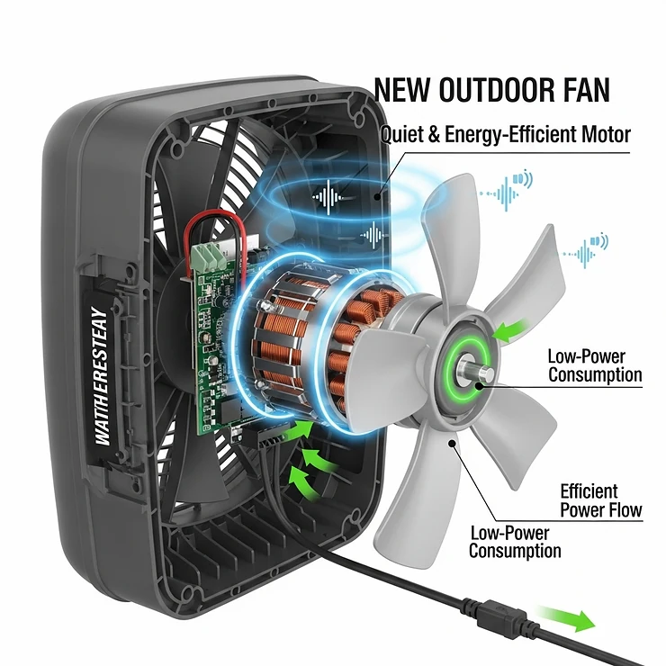 A diagram highlighting the quiet, energy-efficient motor of a new outdoor box fan.