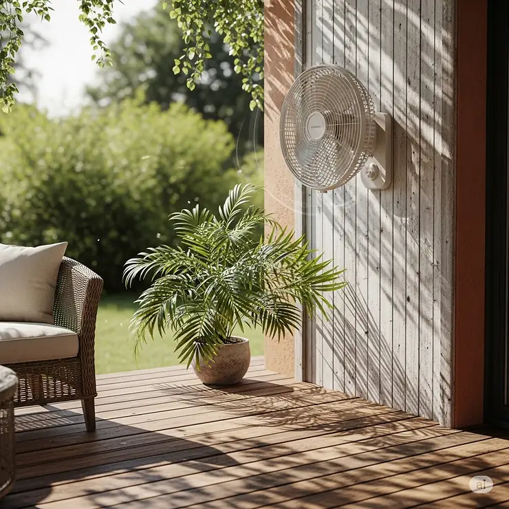 Quiet outdoor patio wall mount oscillating fan providing a gentle breeze on a sunny deck.