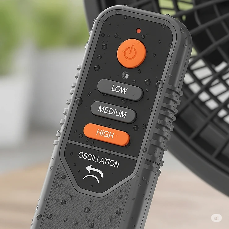 Image of the remote control for the waterproof outdoor oscillating fan, showing the buttons for power, speed settings, and oscillation control.
